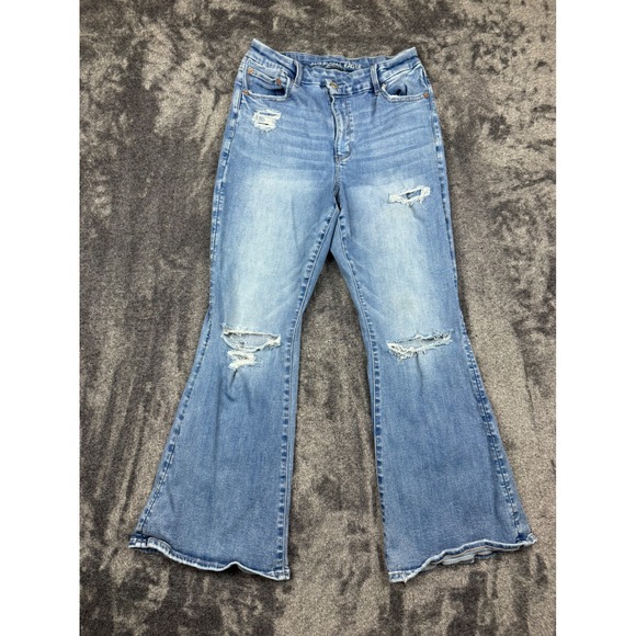 American Eagle Outfitters Denim - American Eagle Flare Jeans Womens 10 Blue Curvy Super High-Rise Distressed